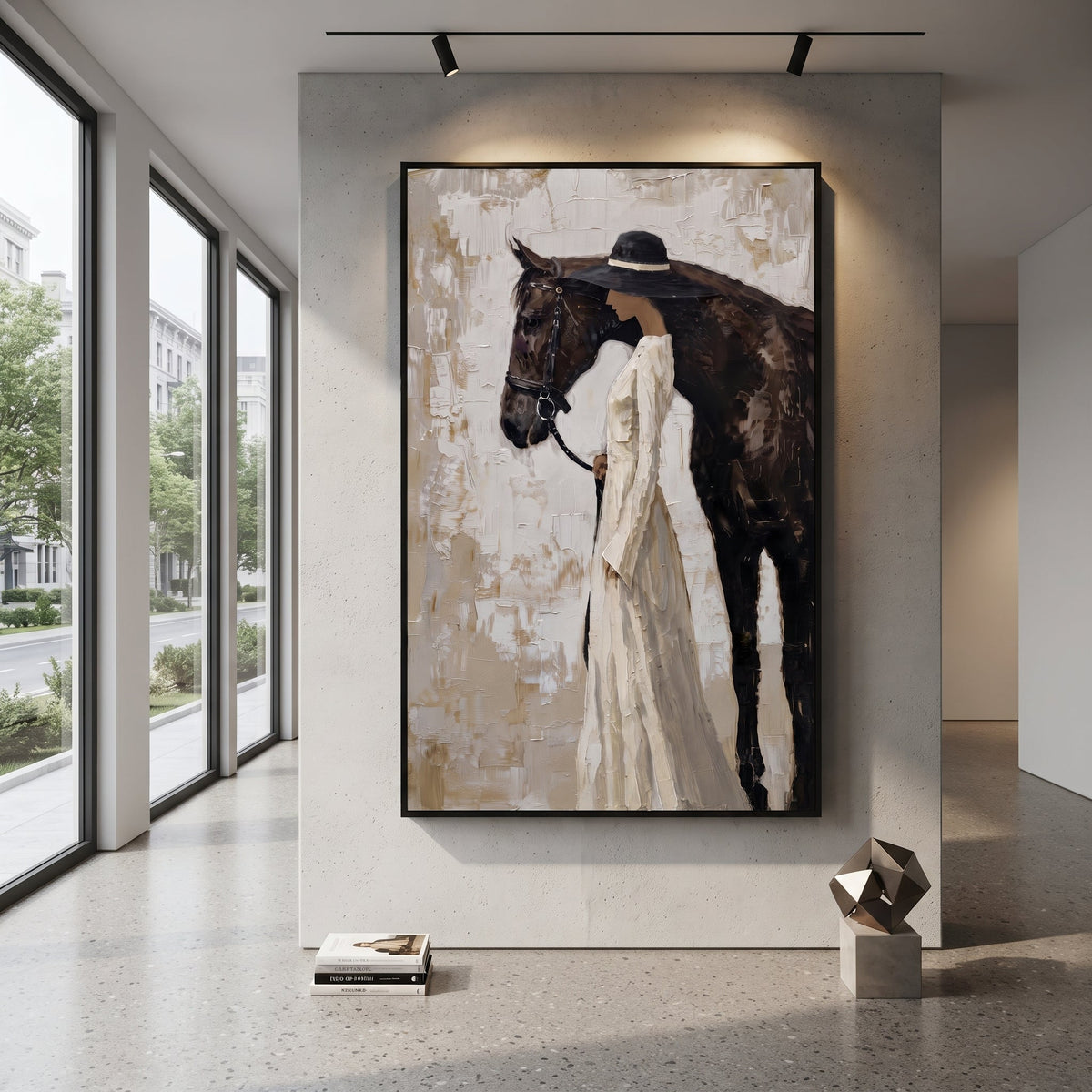 Bride Hat Horse Companion focuses on white-gowned woman standing beside black horse on grey beige textured wall. The composition is built from the exact pose, clothing shape, accessories, furniture, animal form, shoreline, palm shape, surfboard, or table arrangement visible in this artwork, so the image reads as a specific modern figurative painting rather than a generic decorative abstract. The white; black; grey palette gives the piece its main atmosphere, while smaller dark and light accents