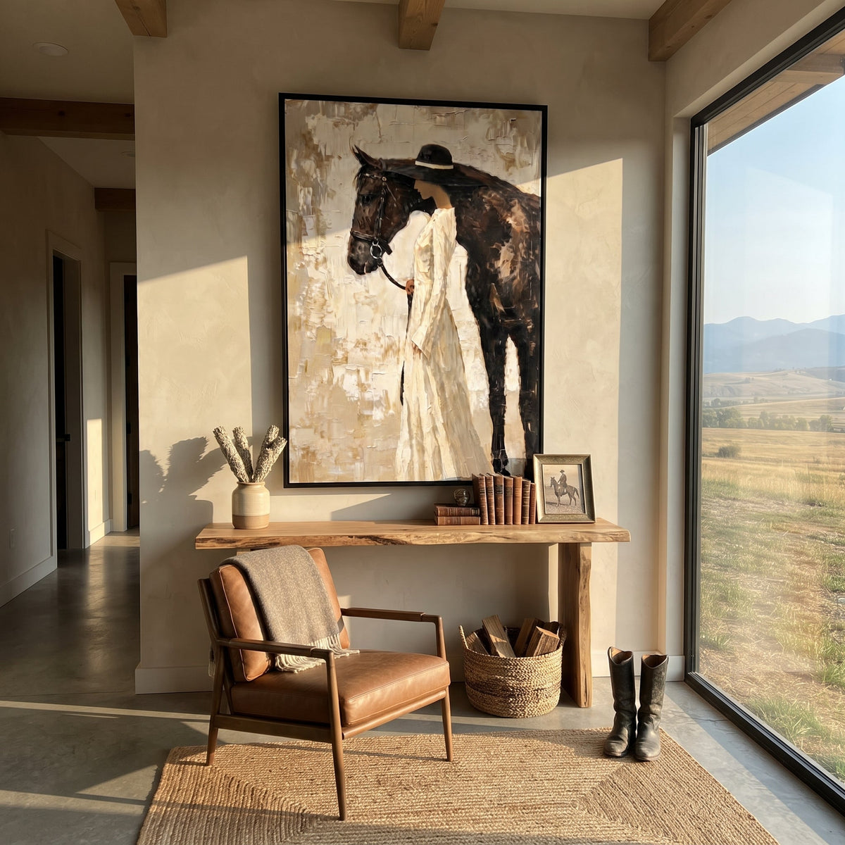 Bride Hat Horse Companion focuses on white-gowned woman standing beside black horse on grey beige textured wall. The composition is built from the exact pose, clothing shape, accessories, furniture, animal form, shoreline, palm shape, surfboard, or table arrangement visible in this artwork, so the image reads as a specific modern figurative painting rather than a generic decorative abstract. The white; black; grey palette gives the piece its main atmosphere, while smaller dark and light accents