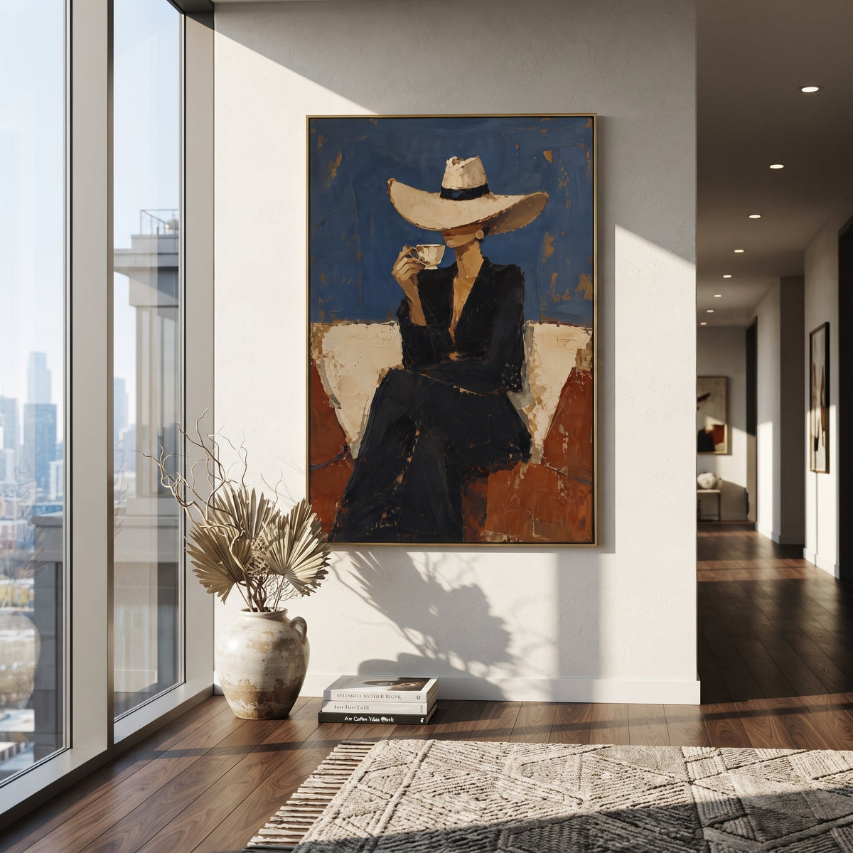 Blue Wall Hat Cocktail Figure focuses on seated black-suited figure in cream hat holding cocktail before blue and rust blocks. The composition is built from the exact pose, clothing shape, accessories, furniture, animal form, shoreline, palm shape, surfboard, or table arrangement visible in this artwork, so the image reads as a specific modern figurative painting rather than a generic decorative abstract. The blue; black; rust palette gives the piece its main atmosphere, while smaller dark and