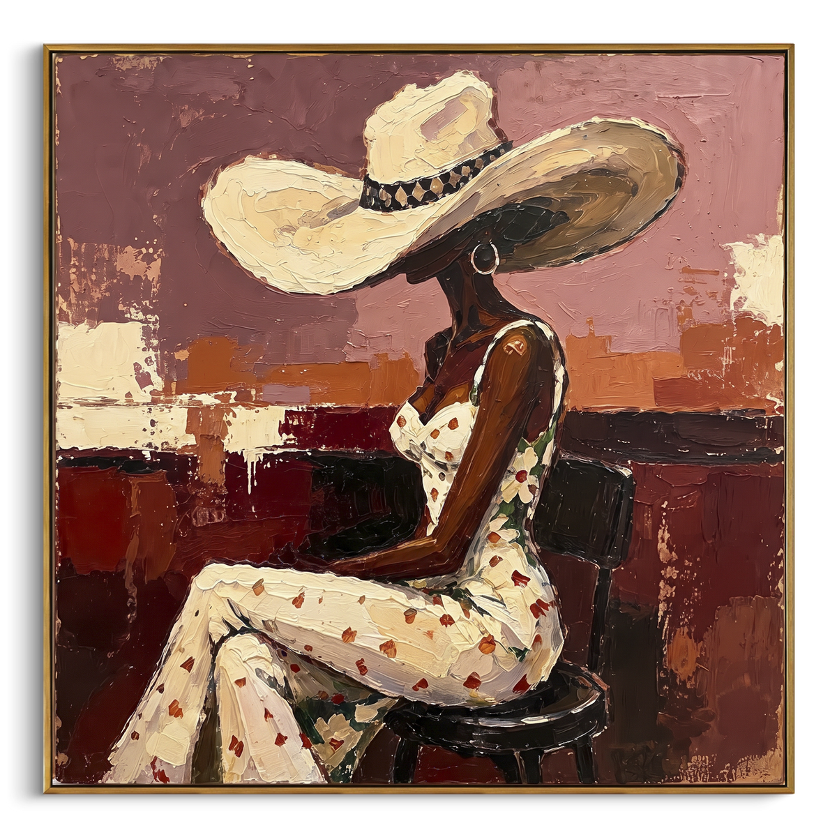 Floral Dress Bar Stool focuses on side view woman in floral white dress and wide hat seated on stool against red burgundy room. The composition is built from the exact pose, clothing shape, accessories, furniture, animal form, shoreline, palm shape, surfboard, or table arrangement visible in this artwork, so the image reads as a specific modern figurative painting rather than a generic decorative abstract. The cream; red; burgundy palette gives the piece its main atmosphere, while smaller dark