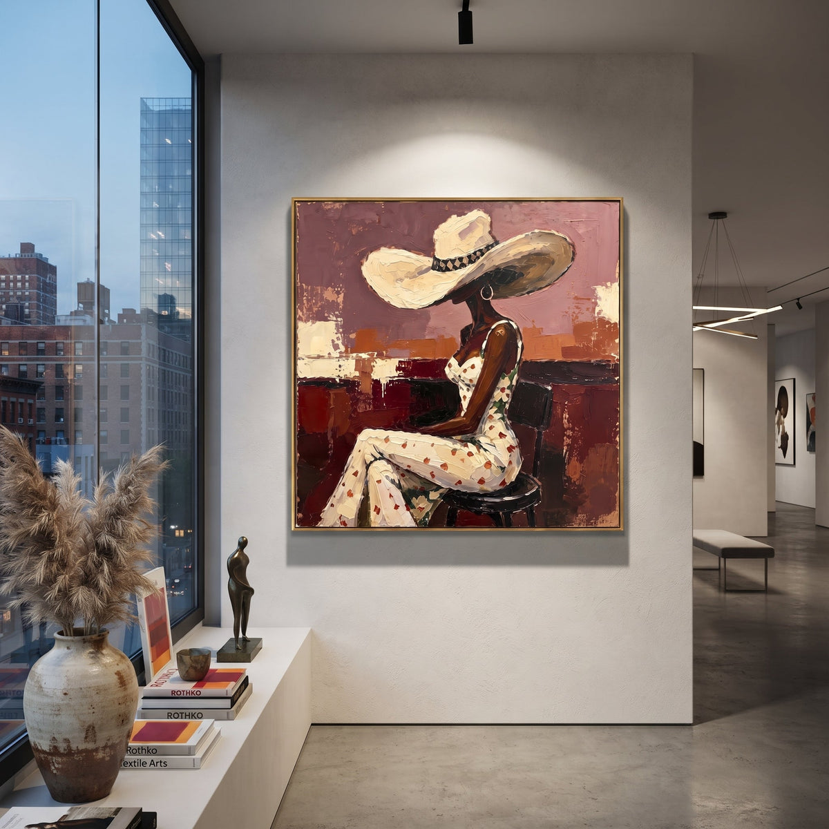 Floral Dress Bar Stool focuses on side view woman in floral white dress and wide hat seated on stool against red burgundy room. The composition is built from the exact pose, clothing shape, accessories, furniture, animal form, shoreline, palm shape, surfboard, or table arrangement visible in this artwork, so the image reads as a specific modern figurative painting rather than a generic decorative abstract. The cream; red; burgundy palette gives the piece its main atmosphere, while smaller dark