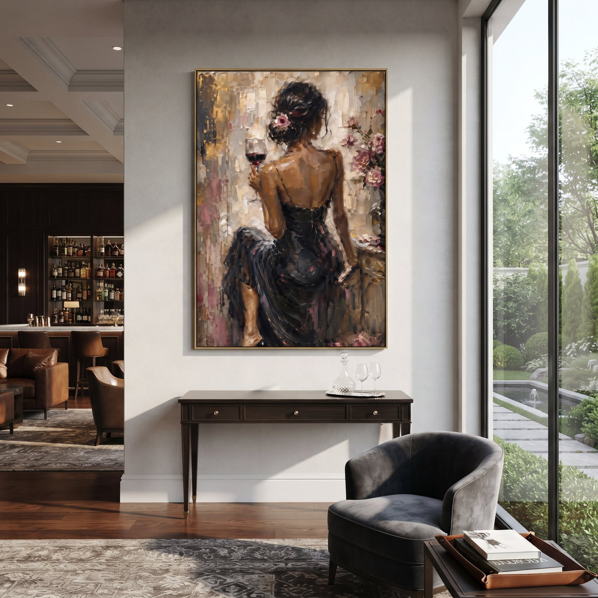 Back Lace Black Dress Vanity focuses on back view woman in black lace dress holding wine beside roses and dressing table. The composition is built from the exact pose, clothing shape, accessories, furniture, animal form, shoreline, palm shape, surfboard, or table arrangement visible in this artwork, so the image reads as a specific modern figurative painting rather than a generic decorative abstract. The black; pink; beige palette gives the piece its main atmosphere, while smaller dark and light
