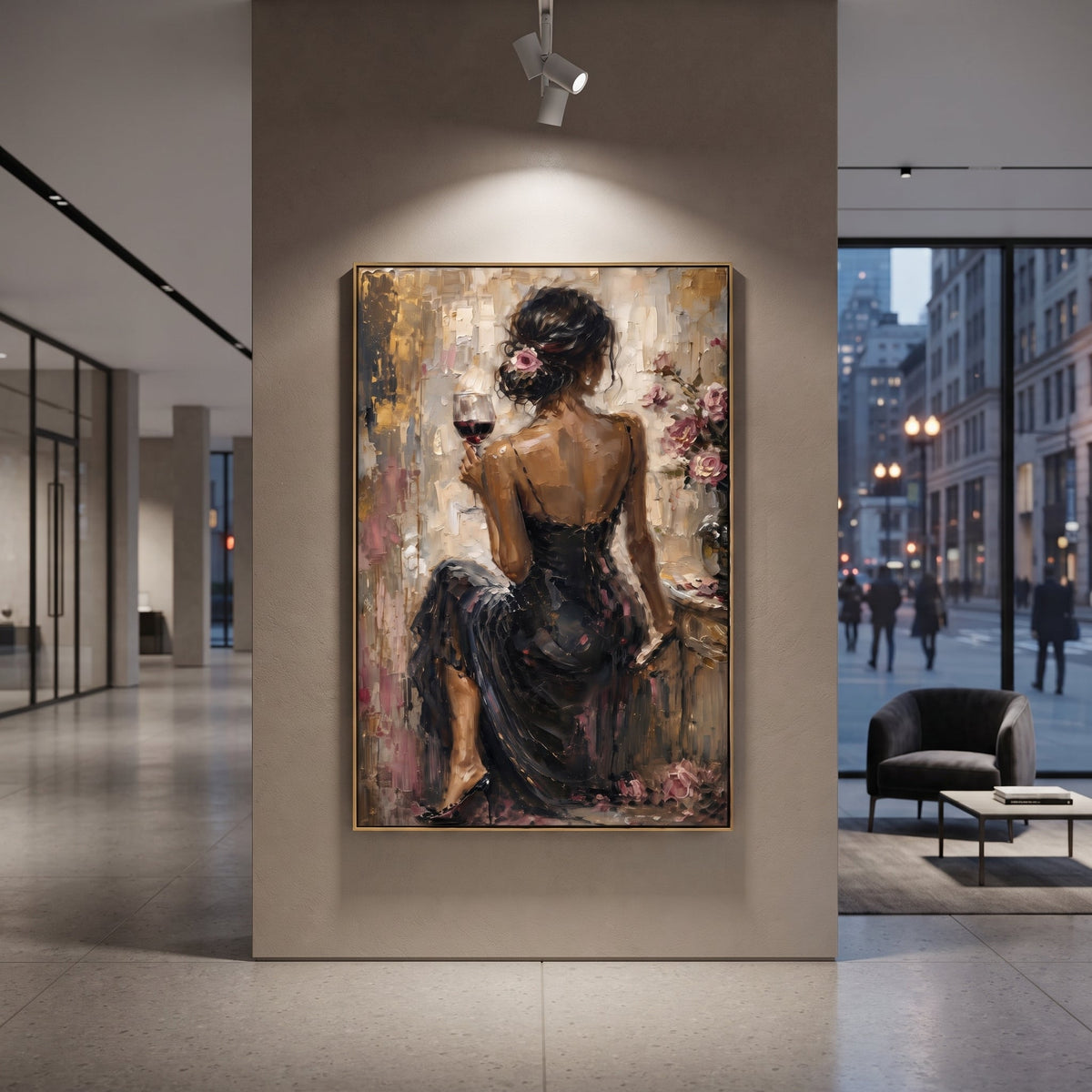 Back Lace Black Dress Vanity focuses on back view woman in black lace dress holding wine beside roses and dressing table. The composition is built from the exact pose, clothing shape, accessories, furniture, animal form, shoreline, palm shape, surfboard, or table arrangement visible in this artwork, so the image reads as a specific modern figurative painting rather than a generic decorative abstract. The black; pink; beige palette gives the piece its main atmosphere, while smaller dark and light