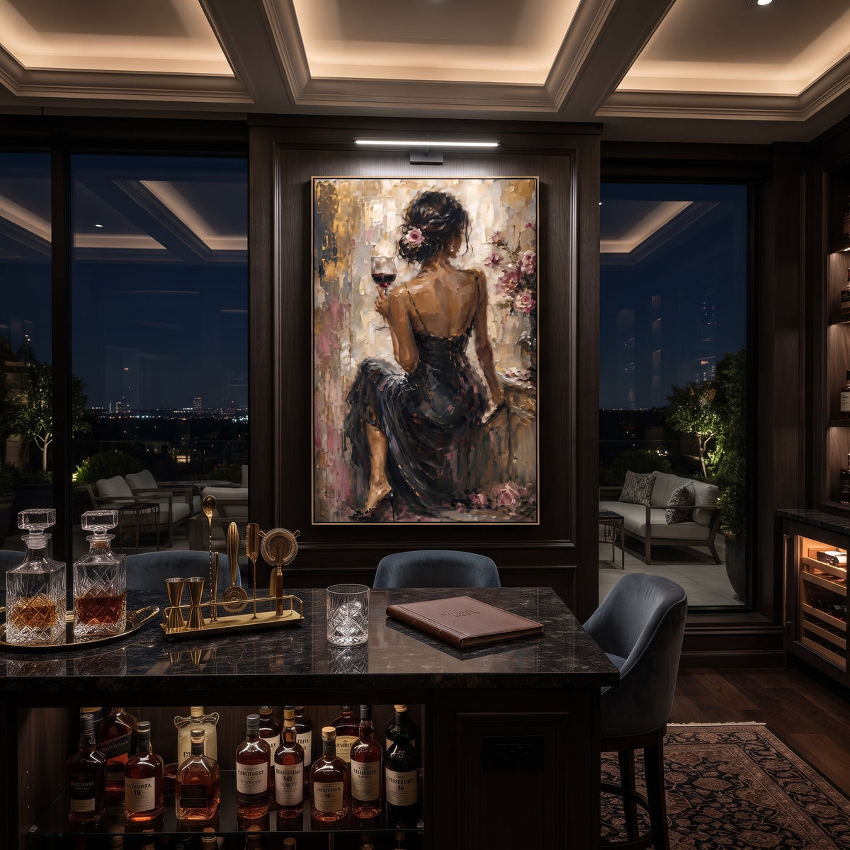 Back Lace Black Dress Vanity focuses on back view woman in black lace dress holding wine beside roses and dressing table. The composition is built from the exact pose, clothing shape, accessories, furniture, animal form, shoreline, palm shape, surfboard, or table arrangement visible in this artwork, so the image reads as a specific modern figurative painting rather than a generic decorative abstract. The black; pink; beige palette gives the piece its main atmosphere, while smaller dark and light