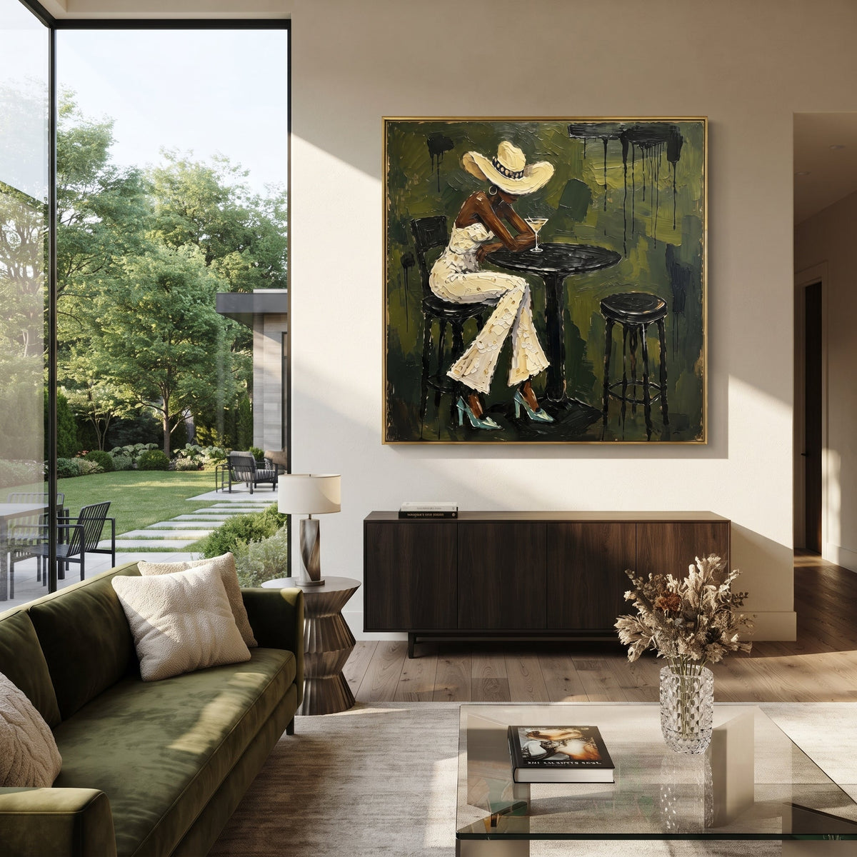 Olive Cafe White Suit Figure focuses on woman in white suit and wide hat seated at black round cafe table on olive wall. The composition is built from the exact pose, clothing shape, accessories, furniture, animal form, shoreline, palm shape, surfboard, or table arrangement visible in this artwork, so the image reads as a specific modern figurative painting rather than a generic decorative abstract. The olive; cream; black palette gives the piece its main atmosphere, while smaller dark and light