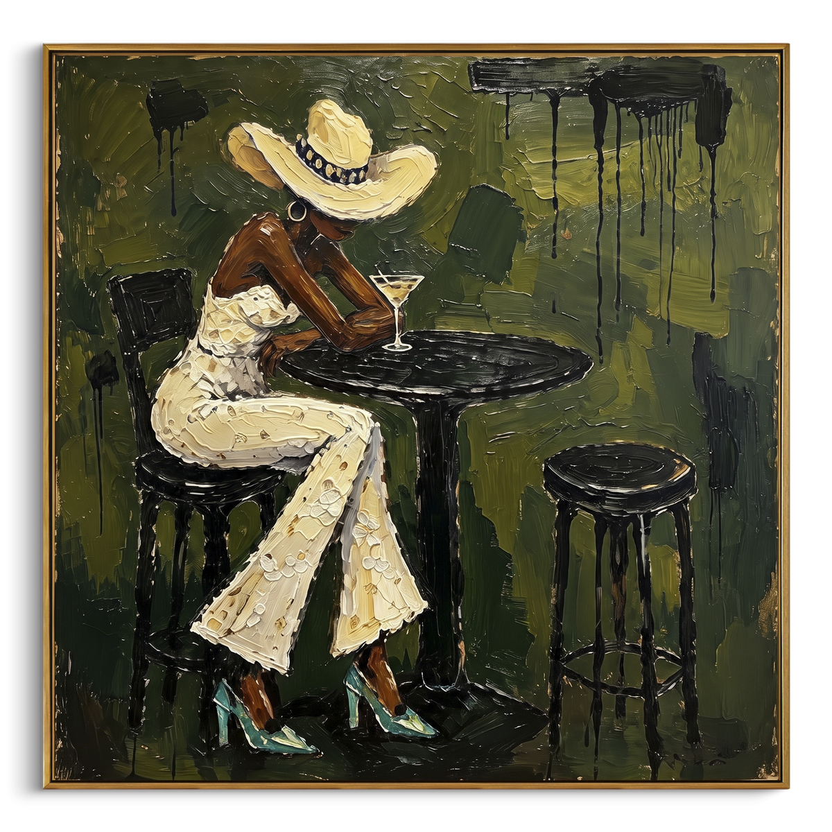 Olive Cafe White Suit Figure focuses on woman in white suit and wide hat seated at black round cafe table on olive wall. The composition is built from the exact pose, clothing shape, accessories, furniture, animal form, shoreline, palm shape, surfboard, or table arrangement visible in this artwork, so the image reads as a specific modern figurative painting rather than a generic decorative abstract. The olive; cream; black palette gives the piece its main atmosphere, while smaller dark and light