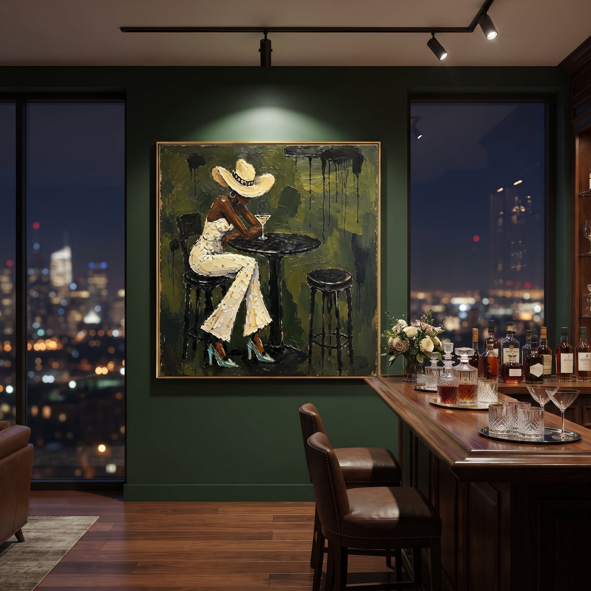 Olive Cafe White Suit Figure focuses on woman in white suit and wide hat seated at black round cafe table on olive wall. The composition is built from the exact pose, clothing shape, accessories, furniture, animal form, shoreline, palm shape, surfboard, or table arrangement visible in this artwork, so the image reads as a specific modern figurative painting rather than a generic decorative abstract. The olive; cream; black palette gives the piece its main atmosphere, while smaller dark and light