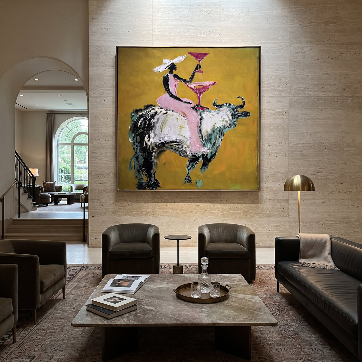 Pink Bull Martini Rider focuses on pink-clad cowgirl on grey bull lifting a martini against mustard ground. The composition is built from the exact pose, clothing shape, accessories, furniture, animal form, shoreline, palm shape, surfboard, or table arrangement visible in this artwork, so the image reads as a specific modern figurative painting rather than a generic decorative abstract. The pink; mustard; grey palette gives the piece its main atmosphere, while smaller dark and light accents
