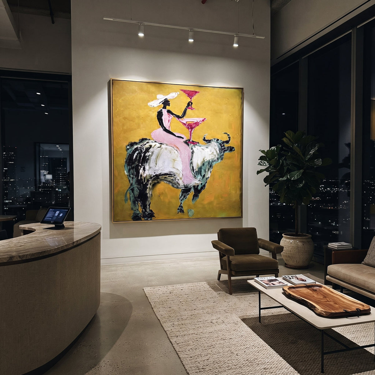 Pink Bull Martini Rider focuses on pink-clad cowgirl on grey bull lifting a martini against mustard ground. The composition is built from the exact pose, clothing shape, accessories, furniture, animal form, shoreline, palm shape, surfboard, or table arrangement visible in this artwork, so the image reads as a specific modern figurative painting rather than a generic decorative abstract. The pink; mustard; grey palette gives the piece its main atmosphere, while smaller dark and light accents