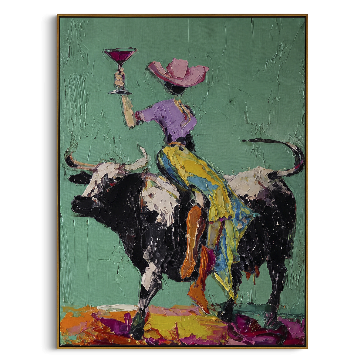 Mint Bull Yellow Rider focuses on yellow-pants rider on black and white bull holding pink martini on mint background. The composition is built from the exact pose, clothing shape, accessories, furniture, animal form, shoreline, palm shape, surfboard, or table arrangement visible in this artwork, so the image reads as a specific modern figurative painting rather than a generic decorative abstract. The mint; yellow; black palette gives the piece its main atmosphere, while smaller dark and light