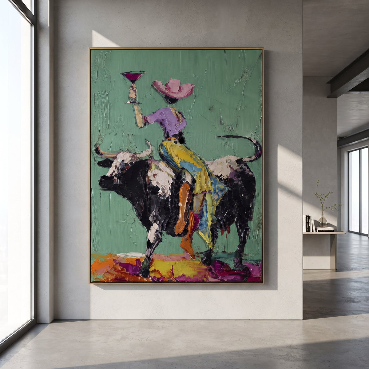 Mint Bull Yellow Rider focuses on yellow-pants rider on black and white bull holding pink martini on mint background. The composition is built from the exact pose, clothing shape, accessories, furniture, animal form, shoreline, palm shape, surfboard, or table arrangement visible in this artwork, so the image reads as a specific modern figurative painting rather than a generic decorative abstract. The mint; yellow; black palette gives the piece its main atmosphere, while smaller dark and light