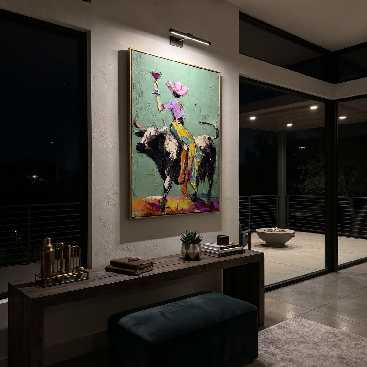 Mint Bull Yellow Rider focuses on yellow-pants rider on black and white bull holding pink martini on mint background. The composition is built from the exact pose, clothing shape, accessories, furniture, animal form, shoreline, palm shape, surfboard, or table arrangement visible in this artwork, so the image reads as a specific modern figurative painting rather than a generic decorative abstract. The mint; yellow; black palette gives the piece its main atmosphere, while smaller dark and light