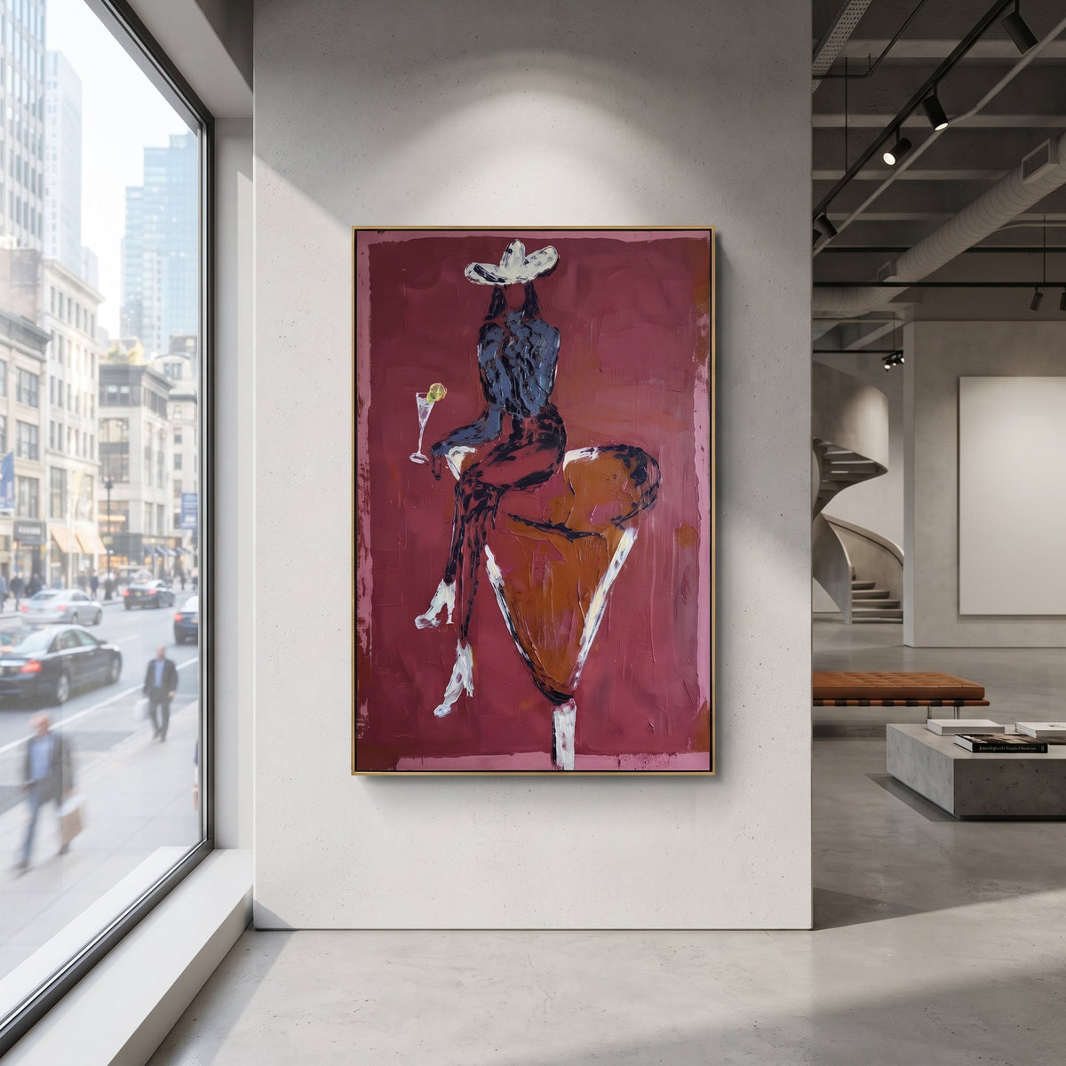 Red Back Bull Rider focuses on back view rider on orange bull with white hat, martini glass, and rose red ground. The composition is built from the exact pose, clothing shape, accessories, furniture, animal form, shoreline, palm shape, surfboard, or table arrangement visible in this artwork, so the image reads as a specific modern figurative painting rather than a generic decorative abstract. The red; orange; white palette gives the piece its main atmosphere, while smaller dark and light accents