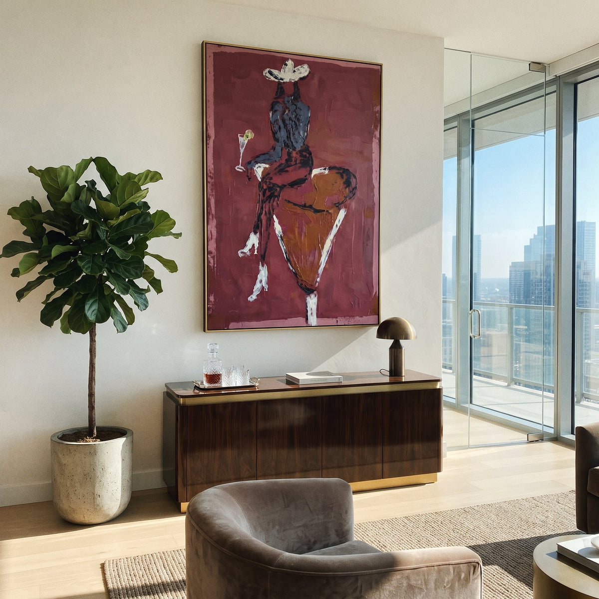 Red Back Bull Rider focuses on back view rider on orange bull with white hat, martini glass, and rose red ground. The composition is built from the exact pose, clothing shape, accessories, furniture, animal form, shoreline, palm shape, surfboard, or table arrangement visible in this artwork, so the image reads as a specific modern figurative painting rather than a generic decorative abstract. The red; orange; white palette gives the piece its main atmosphere, while smaller dark and light accents