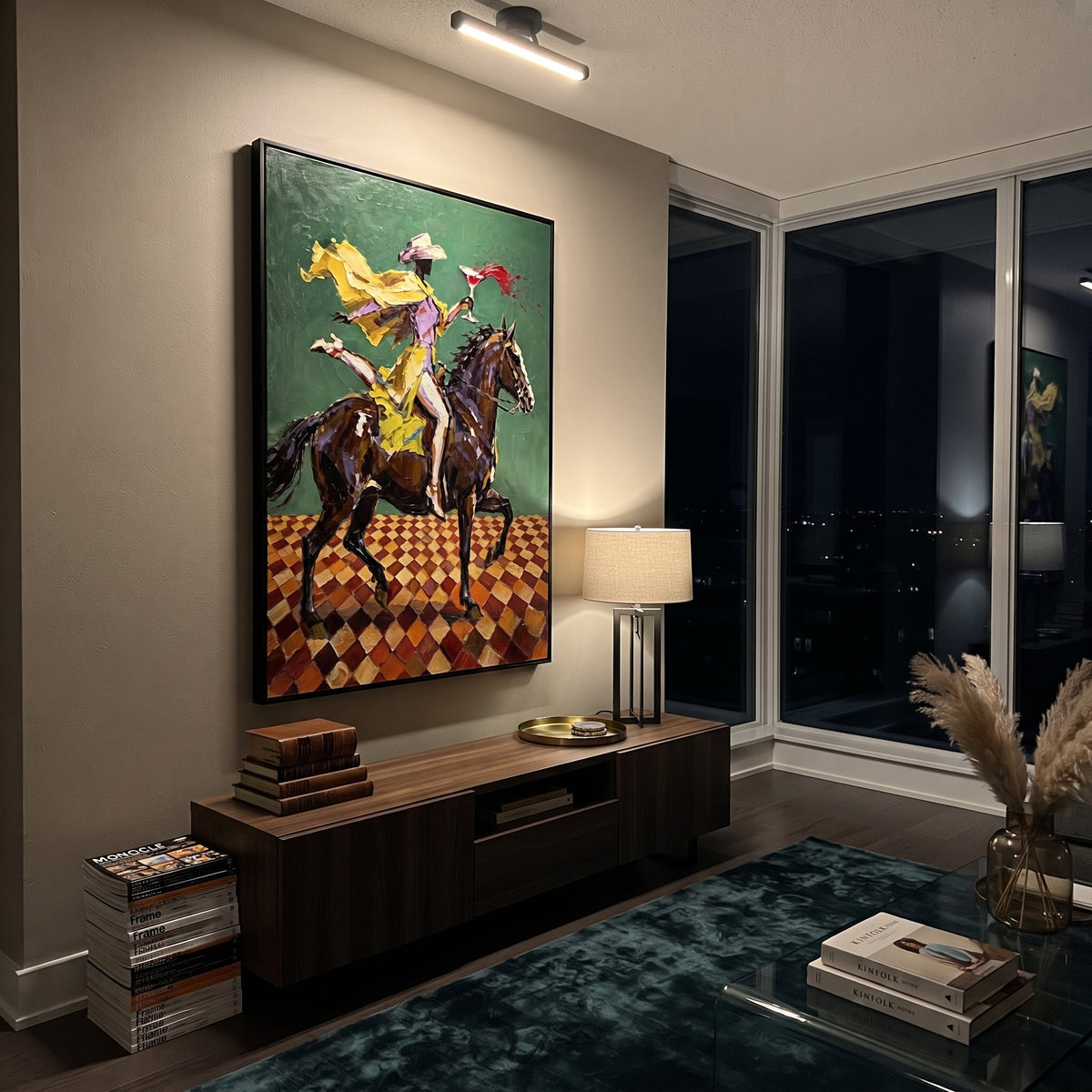 Yellow Rider Green Horse focuses on yellow western rider racing a brown horse across green ground and checker floor. The composition is built from the exact pose, clothing shape, accessories, furniture, animal form, shoreline, palm shape, surfboard, or table arrangement visible in this artwork, so the image reads as a specific modern figurative painting rather than a generic decorative abstract. The yellow; green; brown palette gives the piece its main atmosphere, while smaller dark and light