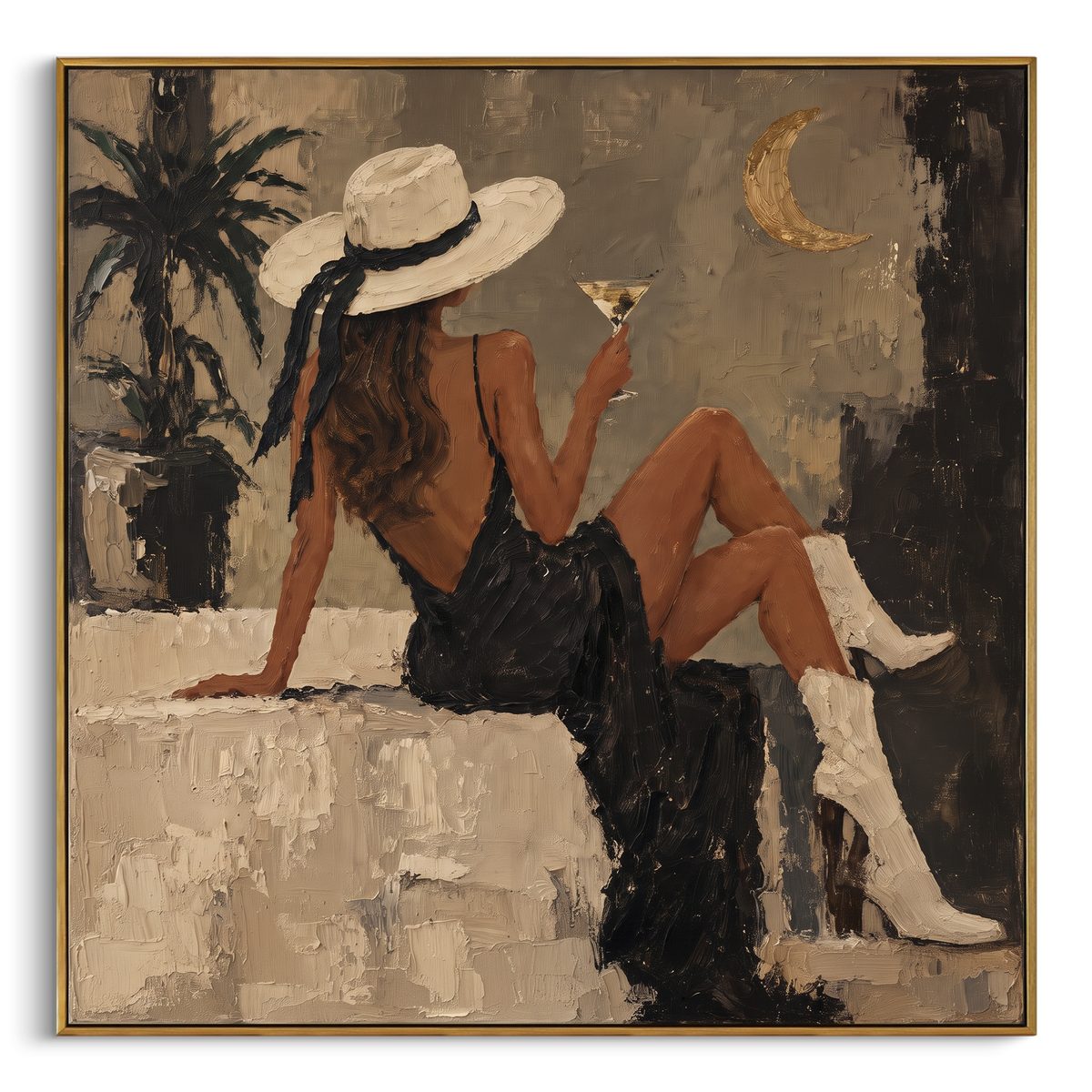 Moonlit Palm Cocktail Seat focuses on seated woman in black dress and white boots holding cocktail near palm silhouette and crescent moon. The composition is built from the exact pose, clothing shape, accessories, furniture, animal form, shoreline, palm shape, surfboard, or table arrangement visible in this artwork, so the image reads as a specific modern figurative painting rather than a generic decorative abstract. The taupe; black; cream palette gives the piece its main atmosphere, while