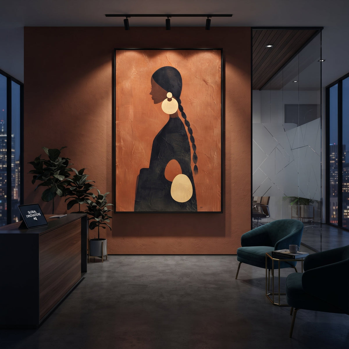 Orange Profile Gold Earrings focuses on profile portrait of black woman with long braid and oversized gold earrings on orange ground. The composition is built from the exact pose, clothing shape, accessories, furniture, animal form, shoreline, palm shape, surfboard, or table arrangement visible in this artwork, so the image reads as a specific modern figurative painting rather than a generic decorative abstract. The orange; black; gold palette gives the piece its main atmosphere, while smaller