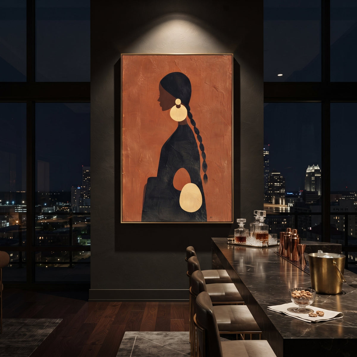 Orange Profile Gold Earrings focuses on profile portrait of black woman with long braid and oversized gold earrings on orange ground. The composition is built from the exact pose, clothing shape, accessories, furniture, animal form, shoreline, palm shape, surfboard, or table arrangement visible in this artwork, so the image reads as a specific modern figurative painting rather than a generic decorative abstract. The orange; black; gold palette gives the piece its main atmosphere, while smaller