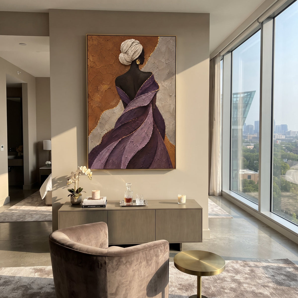 Purple Shawl Back Portrait focuses on back portrait of woman wrapped in purple sculptural shawl with gold earring and white hair wrap. The composition is built from the exact pose, clothing shape, accessories, furniture, animal form, shoreline, palm shape, surfboard, or table arrangement visible in this artwork, so the image reads as a specific modern figurative painting rather than a generic decorative abstract. The purple; black; gold palette gives the piece its main atmosphere, while smaller
