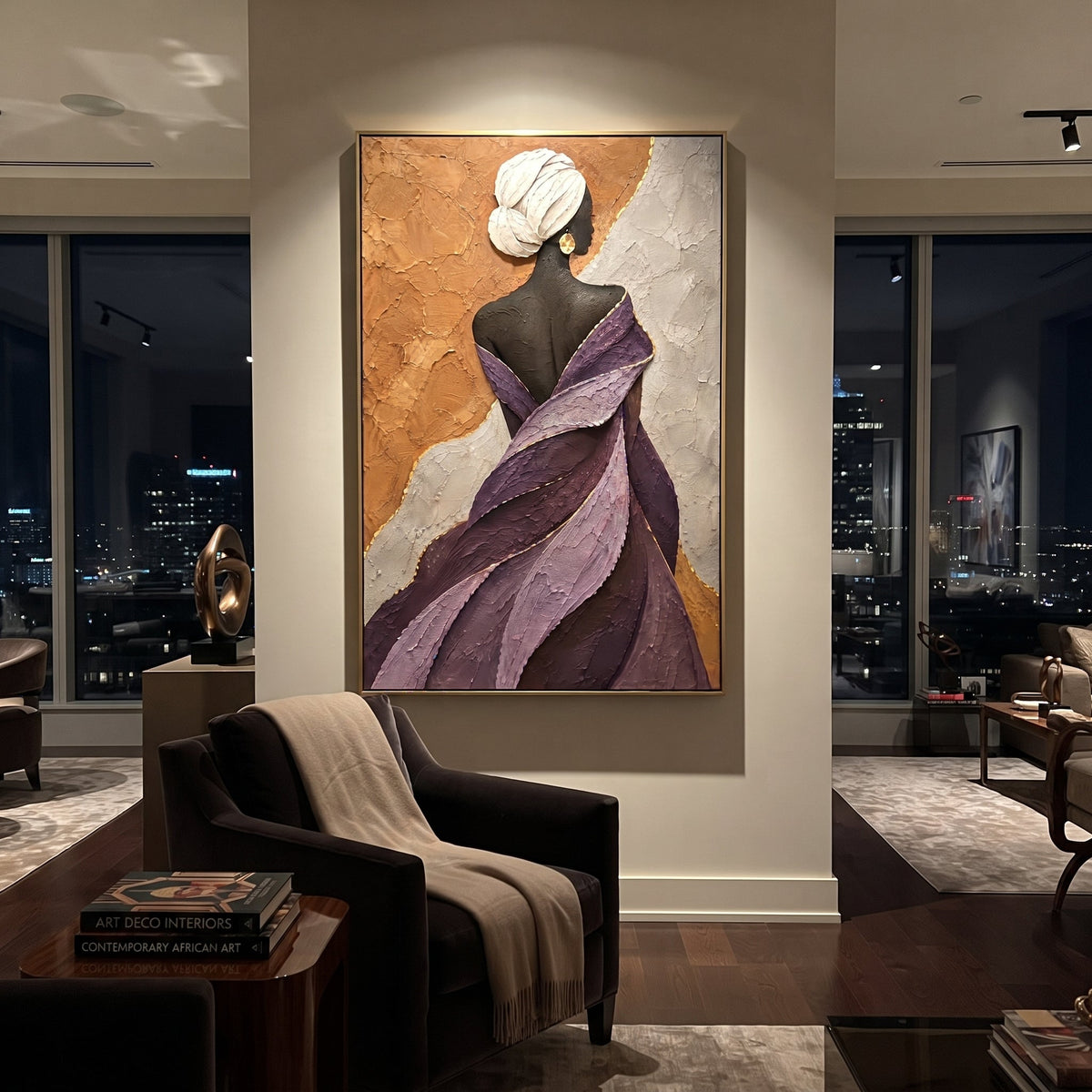 Purple Shawl Back Portrait focuses on back portrait of woman wrapped in purple sculptural shawl with gold earring and white hair wrap. The composition is built from the exact pose, clothing shape, accessories, furniture, animal form, shoreline, palm shape, surfboard, or table arrangement visible in this artwork, so the image reads as a specific modern figurative painting rather than a generic decorative abstract. The purple; black; gold palette gives the piece its main atmosphere, while smaller