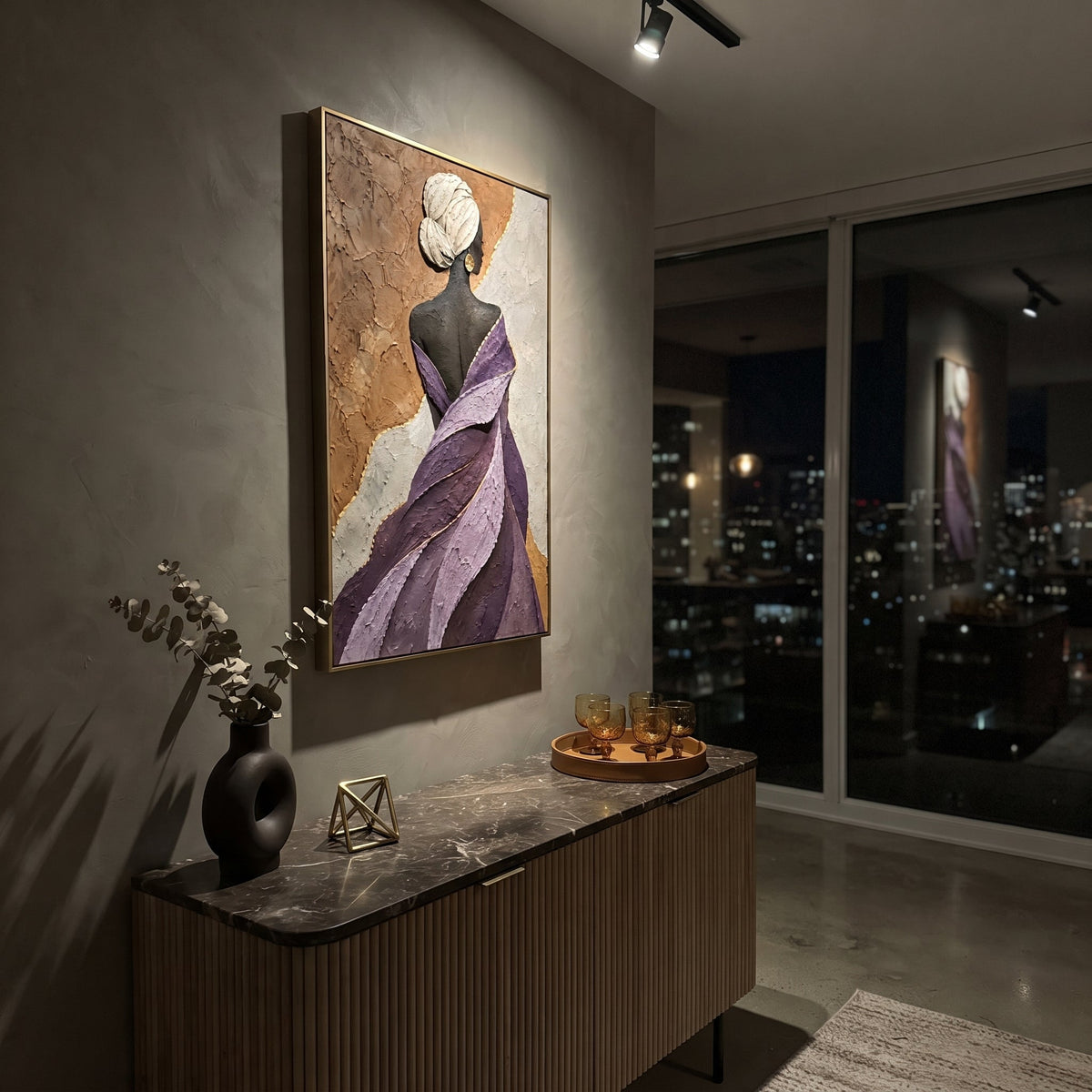 Purple Shawl Back Portrait focuses on back portrait of woman wrapped in purple sculptural shawl with gold earring and white hair wrap. The composition is built from the exact pose, clothing shape, accessories, furniture, animal form, shoreline, palm shape, surfboard, or table arrangement visible in this artwork, so the image reads as a specific modern figurative painting rather than a generic decorative abstract. The purple; black; gold palette gives the piece its main atmosphere, while smaller