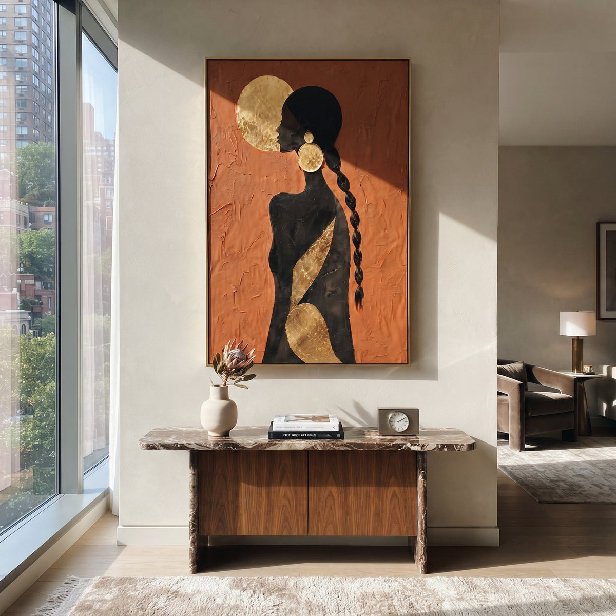 Gold Moon Braid Back focuses on back view black female silhouette with braid, gold moon disc, and bronze diagonal accent. The composition is built from the exact pose, clothing shape, accessories, furniture, animal form, shoreline, palm shape, surfboard, or table arrangement visible in this artwork, so the image reads as a specific modern figurative painting rather than a generic decorative abstract. The orange; black; gold palette gives the piece its main atmosphere, while smaller dark and
