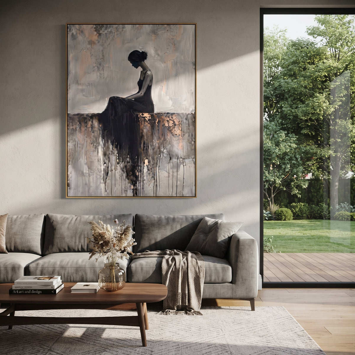 Grey Seated Black Dress focuses on quiet seated female silhouette in black dress on grey ledge with pale textured wall. The composition is built from the exact pose, clothing shape, accessories, furniture, animal form, shoreline, palm shape, surfboard, or table arrangement visible in this artwork, so the image reads as a specific modern figurative painting rather than a generic decorative abstract. The grey; black; white palette gives the piece its main atmosphere, while smaller dark and light