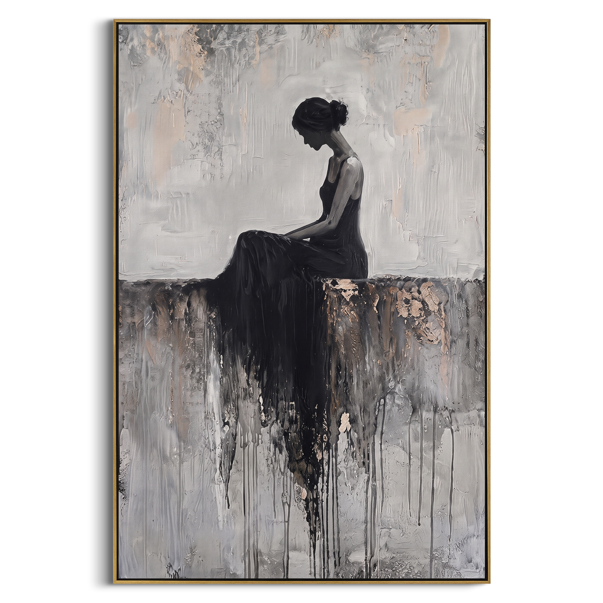 Grey Seated Black Dress focuses on quiet seated female silhouette in black dress on grey ledge with pale textured wall. The composition is built from the exact pose, clothing shape, accessories, furniture, animal form, shoreline, palm shape, surfboard, or table arrangement visible in this artwork, so the image reads as a specific modern figurative painting rather than a generic decorative abstract. The grey; black; white palette gives the piece its main atmosphere, while smaller dark and light