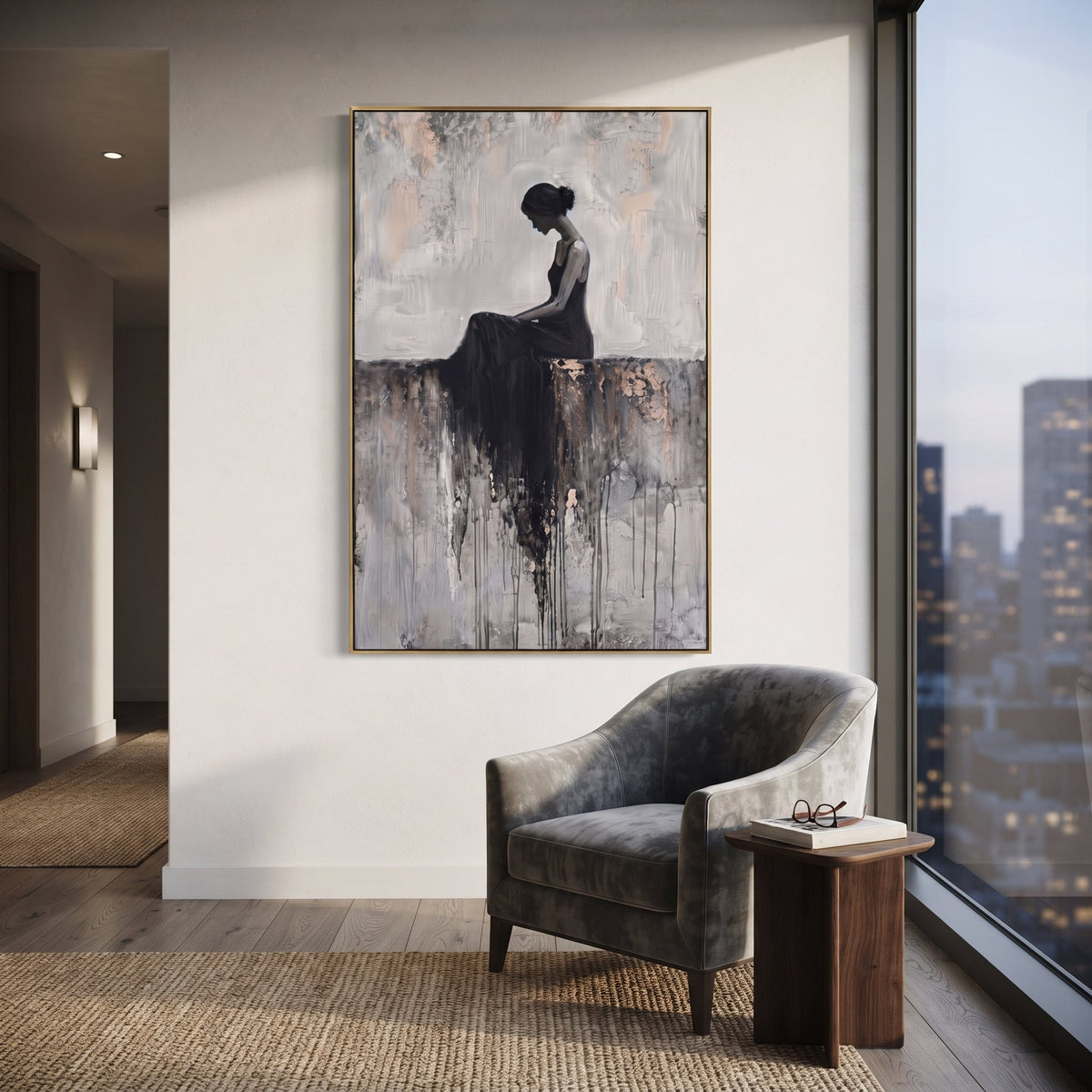Grey Seated Black Dress focuses on quiet seated female silhouette in black dress on grey ledge with pale textured wall. The composition is built from the exact pose, clothing shape, accessories, furniture, animal form, shoreline, palm shape, surfboard, or table arrangement visible in this artwork, so the image reads as a specific modern figurative painting rather than a generic decorative abstract. The grey; black; white palette gives the piece its main atmosphere, while smaller dark and light