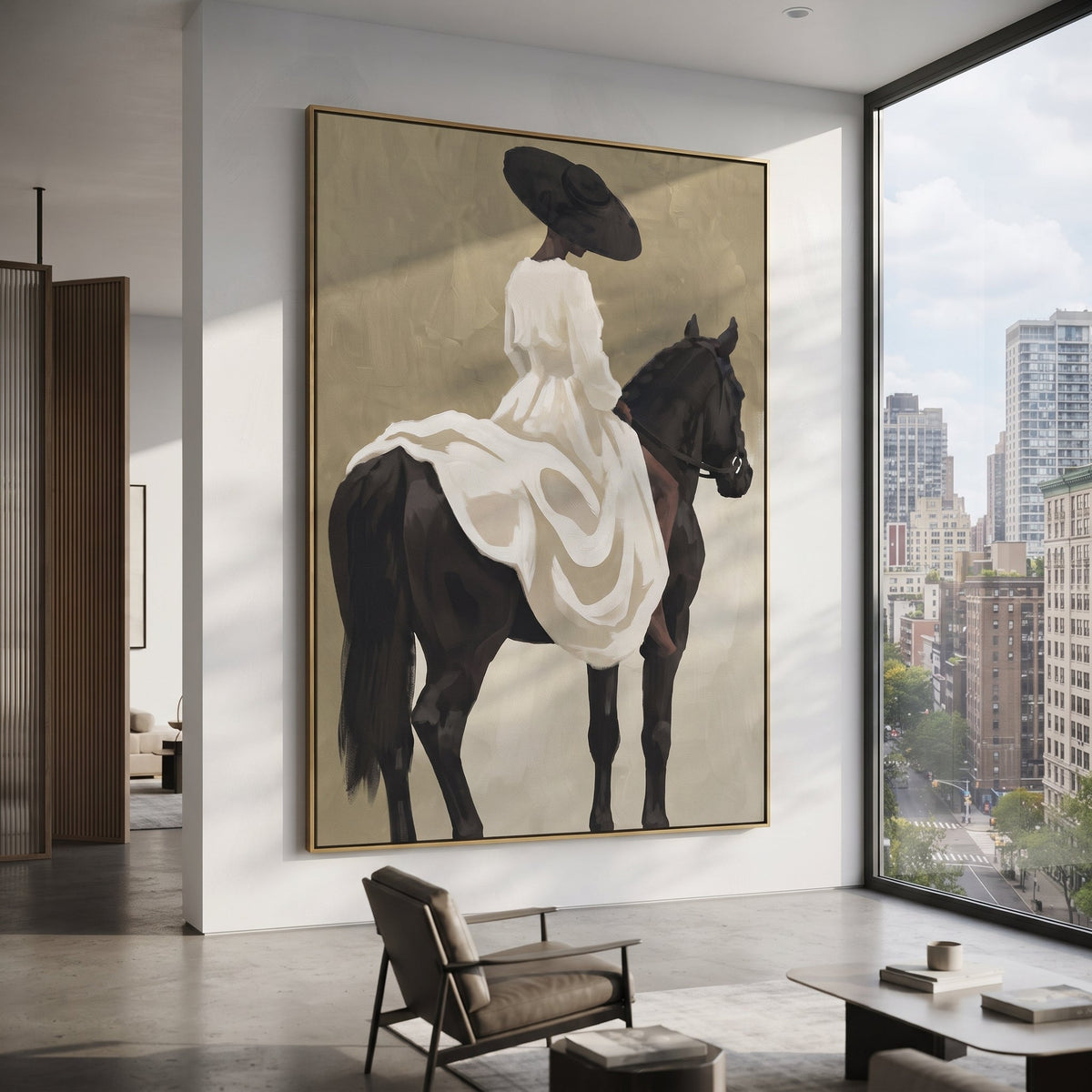 White Dress Black Horse Back focuses on back view rider in white dress on black horse with soft sage beige field. The composition is built from the exact pose, clothing shape, accessories, furniture, animal form, shoreline, palm shape, surfboard, or table arrangement visible in this artwork, so the image reads as a specific modern figurative painting rather than a generic decorative abstract. The white; black; sage palette gives the piece its main atmosphere, while smaller dark and light accents