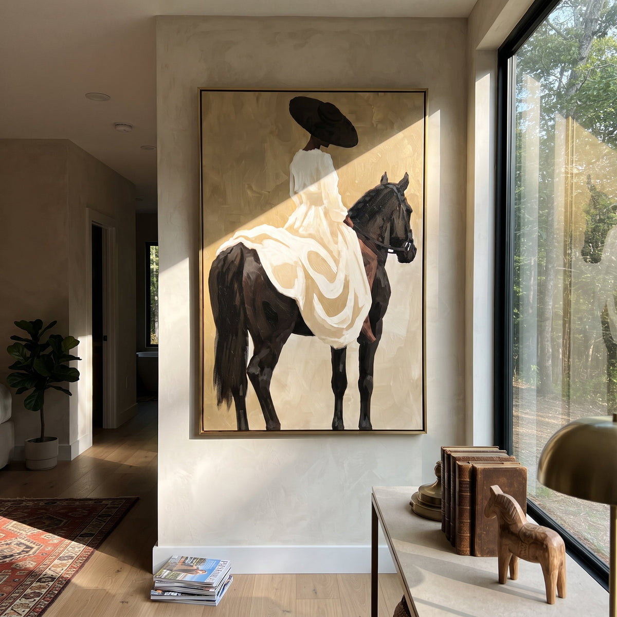 White Dress Black Horse Back focuses on back view rider in white dress on black horse with soft sage beige field. The composition is built from the exact pose, clothing shape, accessories, furniture, animal form, shoreline, palm shape, surfboard, or table arrangement visible in this artwork, so the image reads as a specific modern figurative painting rather than a generic decorative abstract. The white; black; sage palette gives the piece its main atmosphere, while smaller dark and light accents