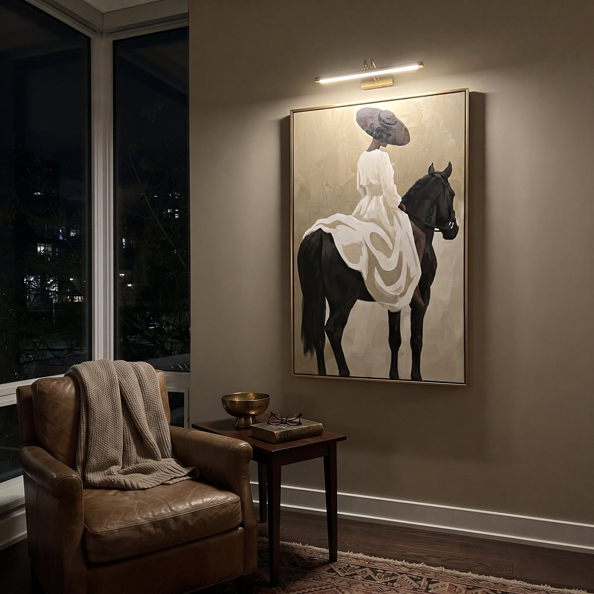 White Dress Black Horse Back focuses on back view rider in white dress on black horse with soft sage beige field. The composition is built from the exact pose, clothing shape, accessories, furniture, animal form, shoreline, palm shape, surfboard, or table arrangement visible in this artwork, so the image reads as a specific modern figurative painting rather than a generic decorative abstract. The white; black; sage palette gives the piece its main atmosphere, while smaller dark and light accents