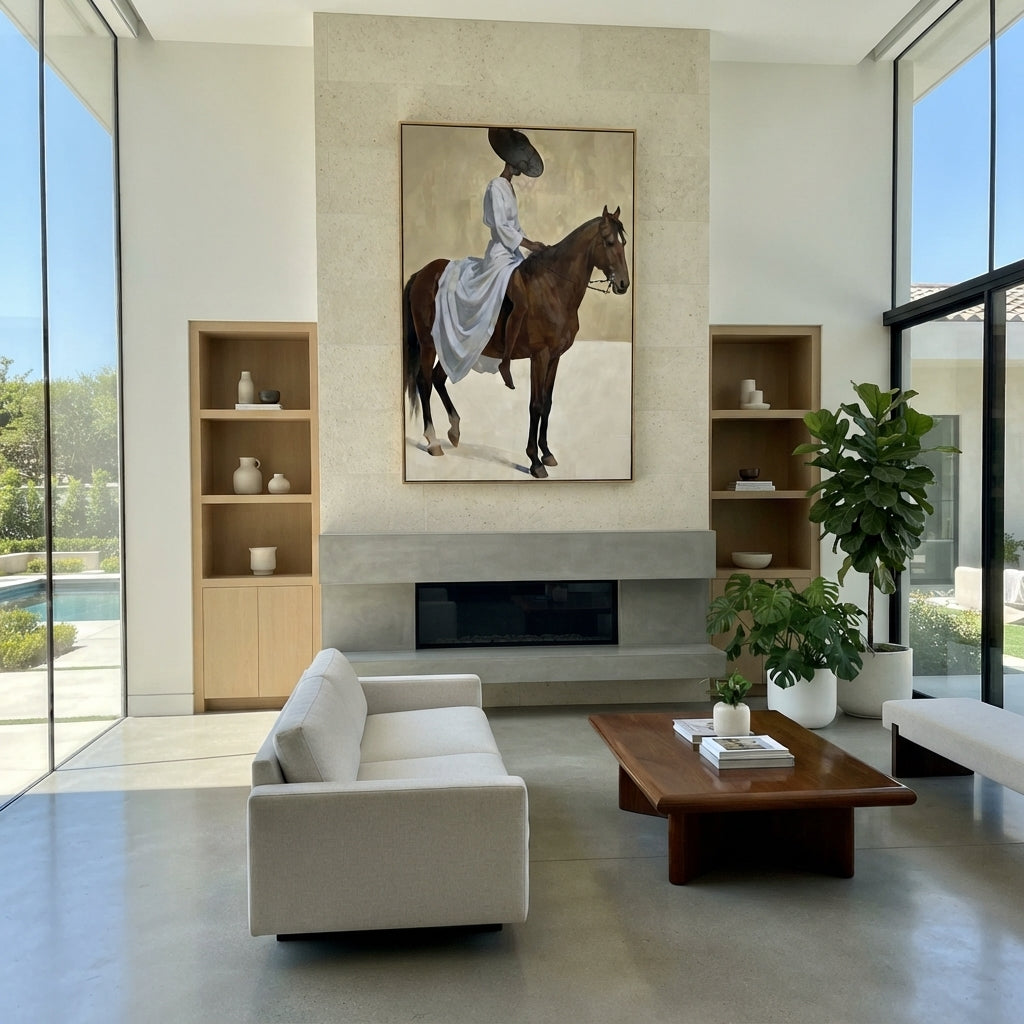 Blue Dress Horse Ride focuses on woman in pale blue dress riding brown horse across bright white ground. The composition is built from the exact pose, clothing shape, accessories, furniture, animal form, shoreline, palm shape, surfboard, or table arrangement visible in this artwork, so the image reads as a specific modern figurative painting rather than a generic decorative abstract. The blue; brown; cream palette gives the piece its main atmosphere, while smaller dark and light accents define