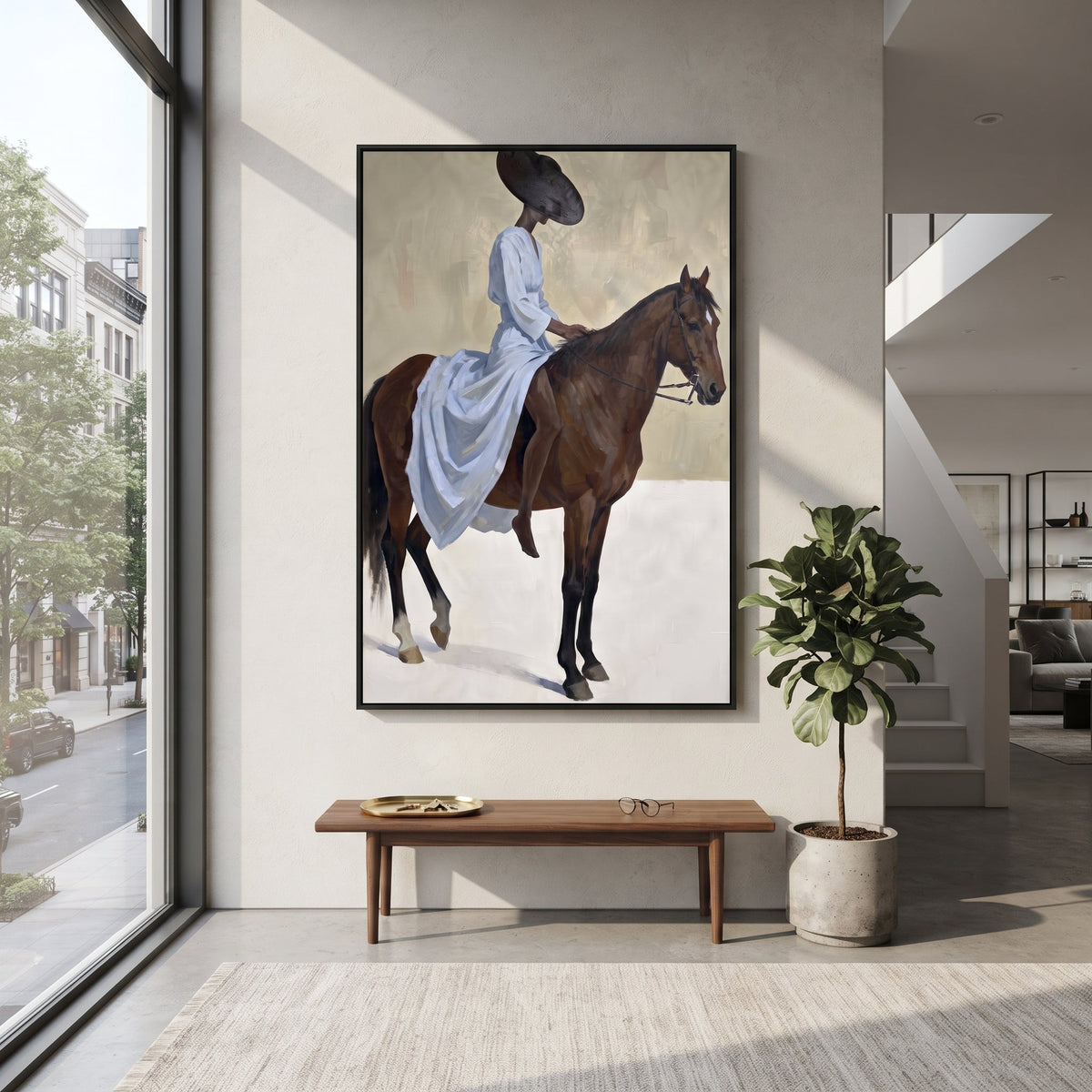 Blue Dress Horse Ride focuses on woman in pale blue dress riding brown horse across bright white ground. The composition is built from the exact pose, clothing shape, accessories, furniture, animal form, shoreline, palm shape, surfboard, or table arrangement visible in this artwork, so the image reads as a specific modern figurative painting rather than a generic decorative abstract. The blue; brown; cream palette gives the piece its main atmosphere, while smaller dark and light accents define