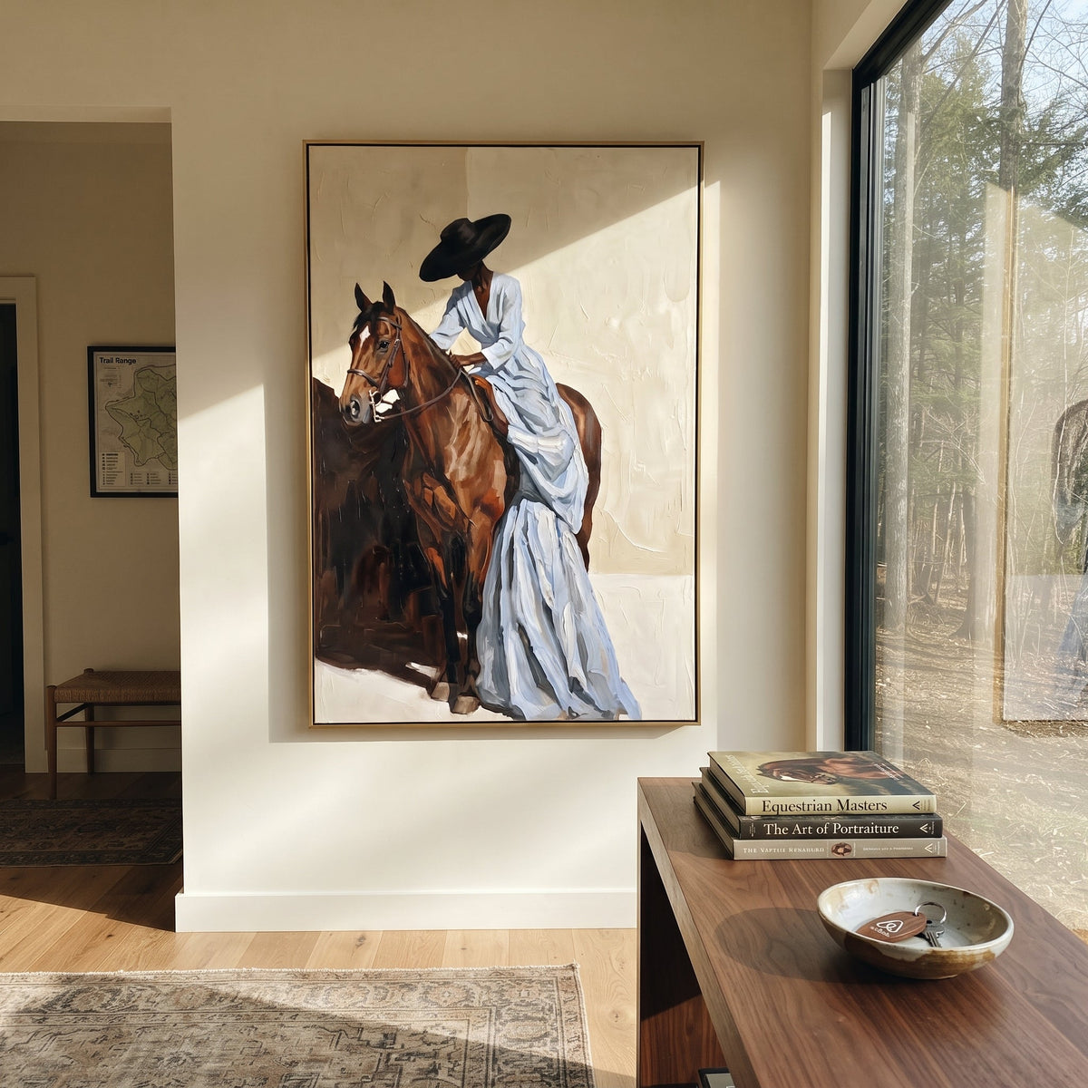 Blue Dress Horse Lean focuses on woman in pale blue dress leaning over brown horse with black hat and cream wall. The composition is built from the exact pose, clothing shape, accessories, furniture, animal form, shoreline, palm shape, surfboard, or table arrangement visible in this artwork, so the image reads as a specific modern figurative painting rather than a generic decorative abstract. The blue; brown; cream palette gives the piece its main atmosphere, while smaller dark and light accents