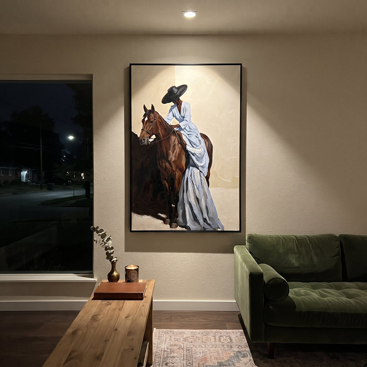 Blue Dress Horse Lean focuses on woman in pale blue dress leaning over brown horse with black hat and cream wall. The composition is built from the exact pose, clothing shape, accessories, furniture, animal form, shoreline, palm shape, surfboard, or table arrangement visible in this artwork, so the image reads as a specific modern figurative painting rather than a generic decorative abstract. The blue; brown; cream palette gives the piece its main atmosphere, while smaller dark and light accents