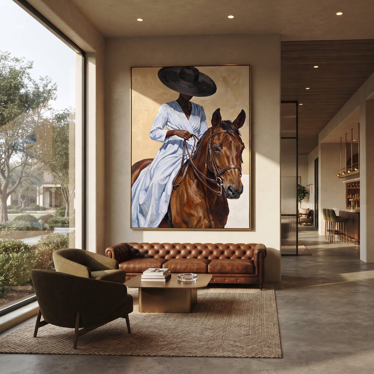 Blue Dress Horse Close Reins focuses on blue dress horse close reins with pale blue dress, broad black hat, brown horse body, reins, shadows, and cream studio ground. The composition is built from the exact pose, clothing shape, accessories, furniture, animal form, shoreline, palm shape, surfboard, or table arrangement visible in this artwork, so the image reads as a specific modern figurative painting rather than a generic decorative abstract. The blue; brown; cream palette gives the piece its