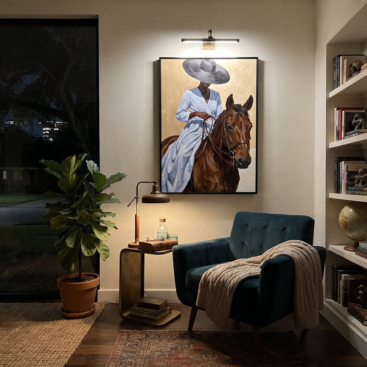 Blue Dress Horse Close Reins focuses on blue dress horse close reins with pale blue dress, broad black hat, brown horse body, reins, shadows, and cream studio ground. The composition is built from the exact pose, clothing shape, accessories, furniture, animal form, shoreline, palm shape, surfboard, or table arrangement visible in this artwork, so the image reads as a specific modern figurative painting rather than a generic decorative abstract. The blue; brown; cream palette gives the piece its