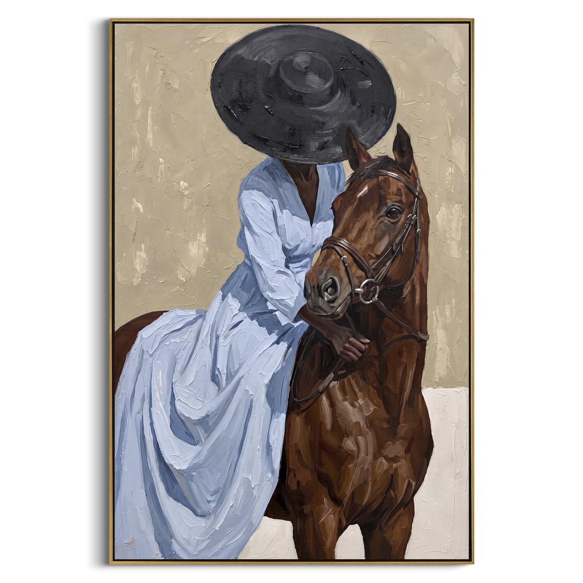 Blue Dress Horse Embrace focuses on blue dress horse embrace with pale blue dress, broad black hat, brown horse body, reins, shadows, and cream studio ground. The composition is built from the exact pose, clothing shape, accessories, furniture, animal form, shoreline, palm shape, surfboard, or table arrangement visible in this artwork, so the image reads as a specific modern figurative painting rather than a generic decorative abstract. The blue; brown; cream palette gives the piece its main