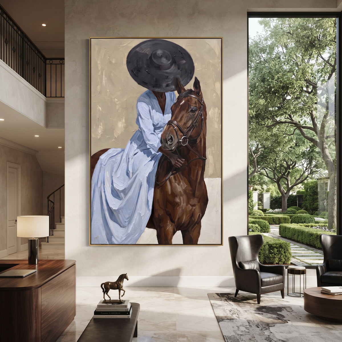 Blue Dress Horse Embrace focuses on blue dress horse embrace with pale blue dress, broad black hat, brown horse body, reins, shadows, and cream studio ground. The composition is built from the exact pose, clothing shape, accessories, furniture, animal form, shoreline, palm shape, surfboard, or table arrangement visible in this artwork, so the image reads as a specific modern figurative painting rather than a generic decorative abstract. The blue; brown; cream palette gives the piece its main