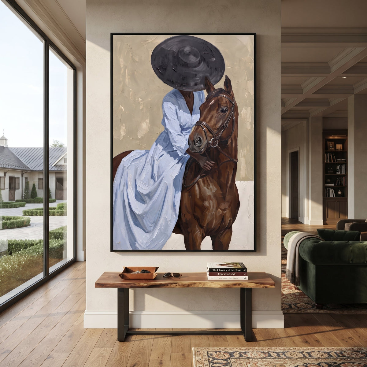 Blue Dress Horse Embrace focuses on blue dress horse embrace with pale blue dress, broad black hat, brown horse body, reins, shadows, and cream studio ground. The composition is built from the exact pose, clothing shape, accessories, furniture, animal form, shoreline, palm shape, surfboard, or table arrangement visible in this artwork, so the image reads as a specific modern figurative painting rather than a generic decorative abstract. The blue; brown; cream palette gives the piece its main