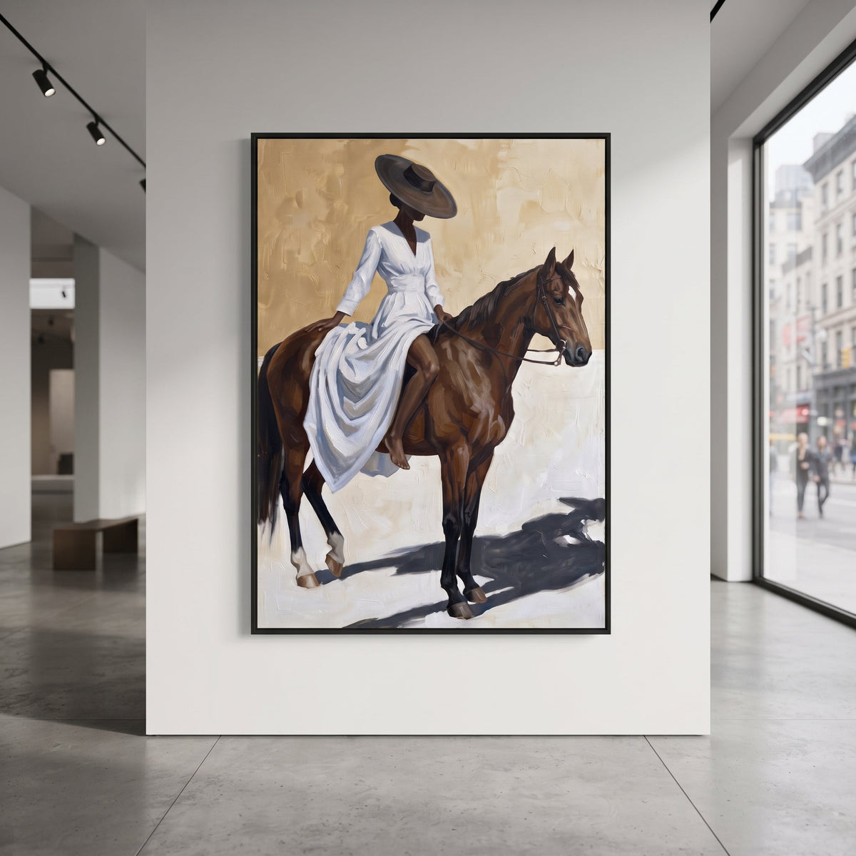Blue Dress Full Horse Shadow focuses on blue dress full horse shadow with pale blue dress, broad black hat, brown horse body, reins, shadows, and cream studio ground. The composition is built from the exact pose, clothing shape, accessories, furniture, animal form, shoreline, palm shape, surfboard, or table arrangement visible in this artwork, so the image reads as a specific modern figurative painting rather than a generic decorative abstract. The blue; brown; cream palette gives the piece its