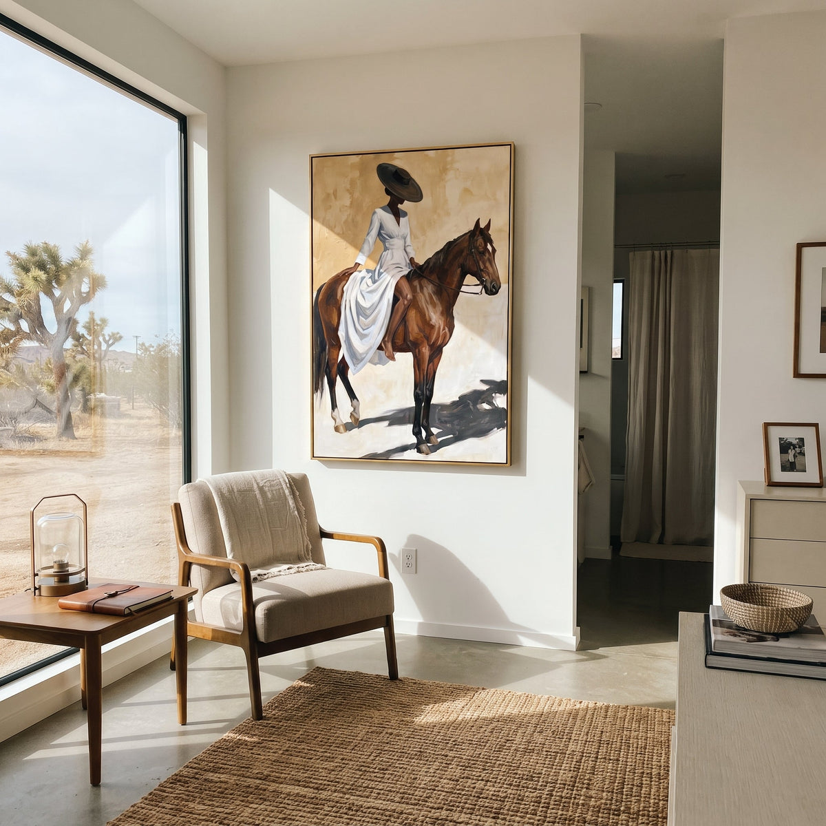 Blue Dress Full Horse Shadow focuses on blue dress full horse shadow with pale blue dress, broad black hat, brown horse body, reins, shadows, and cream studio ground. The composition is built from the exact pose, clothing shape, accessories, furniture, animal form, shoreline, palm shape, surfboard, or table arrangement visible in this artwork, so the image reads as a specific modern figurative painting rather than a generic decorative abstract. The blue; brown; cream palette gives the piece its