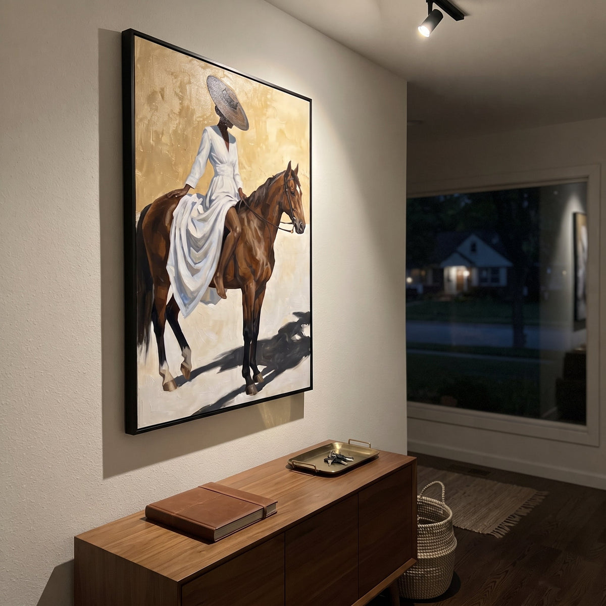 Blue Dress Full Horse Shadow focuses on blue dress full horse shadow with pale blue dress, broad black hat, brown horse body, reins, shadows, and cream studio ground. The composition is built from the exact pose, clothing shape, accessories, furniture, animal form, shoreline, palm shape, surfboard, or table arrangement visible in this artwork, so the image reads as a specific modern figurative painting rather than a generic decorative abstract. The blue; brown; cream palette gives the piece its