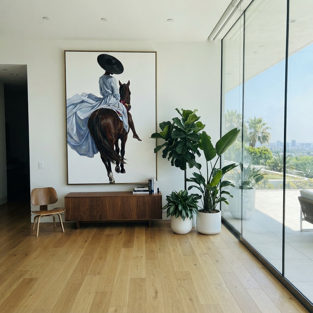 Blue Dress Back Horse focuses on blue dress back horse with pale blue dress, broad black hat, brown horse body, reins, shadows, and cream studio ground. The composition is built from the exact pose, clothing shape, accessories, furniture, animal form, shoreline, palm shape, surfboard, or table arrangement visible in this artwork, so the image reads as a specific modern figurative painting rather than a generic decorative abstract. The blue; brown; cream palette gives the piece its main
