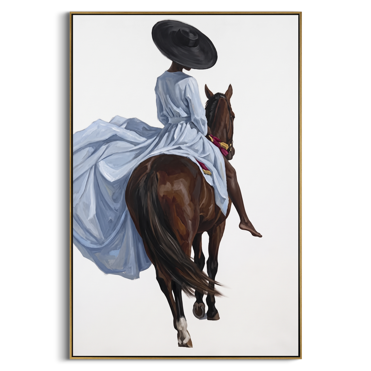 Blue Dress Back Horse focuses on blue dress back horse with pale blue dress, broad black hat, brown horse body, reins, shadows, and cream studio ground. The composition is built from the exact pose, clothing shape, accessories, furniture, animal form, shoreline, palm shape, surfboard, or table arrangement visible in this artwork, so the image reads as a specific modern figurative painting rather than a generic decorative abstract. The blue; brown; cream palette gives the piece its main