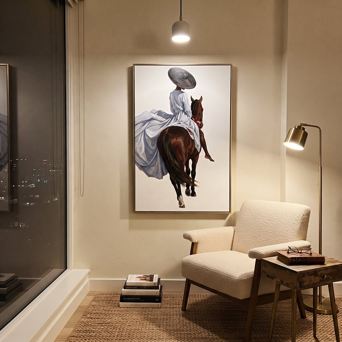 Blue Dress Back Horse focuses on blue dress back horse with pale blue dress, broad black hat, brown horse body, reins, shadows, and cream studio ground. The composition is built from the exact pose, clothing shape, accessories, furniture, animal form, shoreline, palm shape, surfboard, or table arrangement visible in this artwork, so the image reads as a specific modern figurative painting rather than a generic decorative abstract. The blue; brown; cream palette gives the piece its main