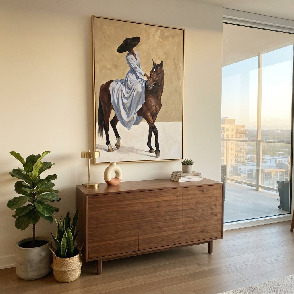Small Blue Rider Horse focuses on small blue rider horse with pale blue dress, broad black hat, brown horse body, reins, shadows, and cream studio ground. The composition is built from the exact pose, clothing shape, accessories, furniture, animal form, shoreline, palm shape, surfboard, or table arrangement visible in this artwork, so the image reads as a specific modern figurative painting rather than a generic decorative abstract. The blue; brown; cream palette gives the piece its main