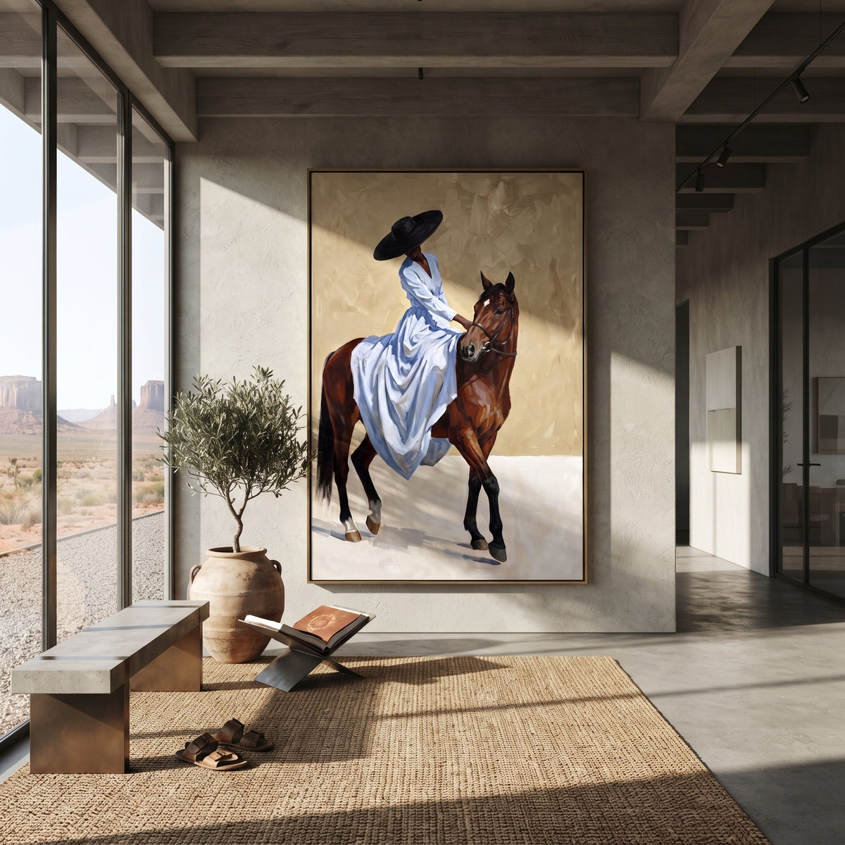 Small Blue Rider Horse focuses on small blue rider horse with pale blue dress, broad black hat, brown horse body, reins, shadows, and cream studio ground. The composition is built from the exact pose, clothing shape, accessories, furniture, animal form, shoreline, palm shape, surfboard, or table arrangement visible in this artwork, so the image reads as a specific modern figurative painting rather than a generic decorative abstract. The blue; brown; cream palette gives the piece its main