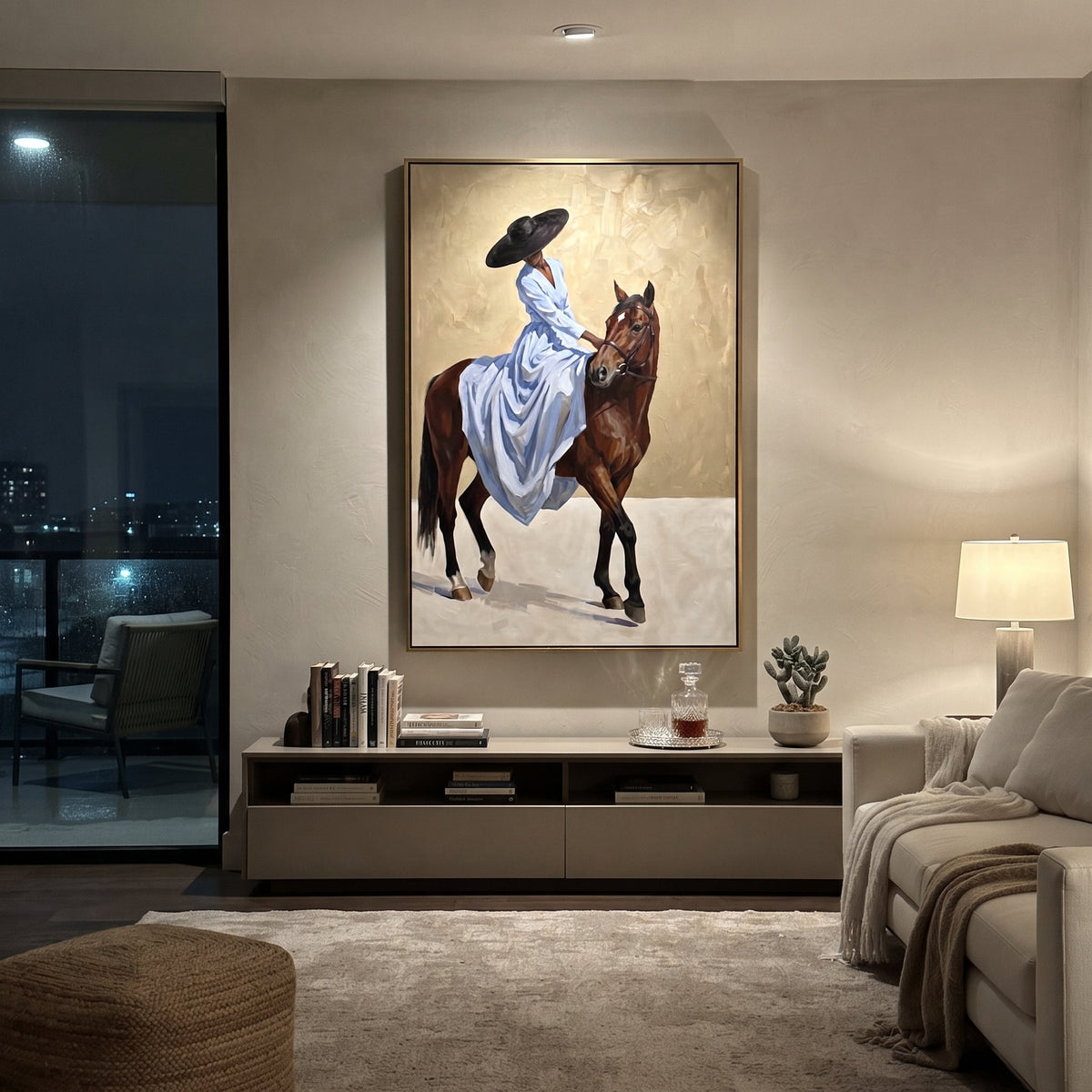 Small Blue Rider Horse focuses on small blue rider horse with pale blue dress, broad black hat, brown horse body, reins, shadows, and cream studio ground. The composition is built from the exact pose, clothing shape, accessories, furniture, animal form, shoreline, palm shape, surfboard, or table arrangement visible in this artwork, so the image reads as a specific modern figurative painting rather than a generic decorative abstract. The blue; brown; cream palette gives the piece its main